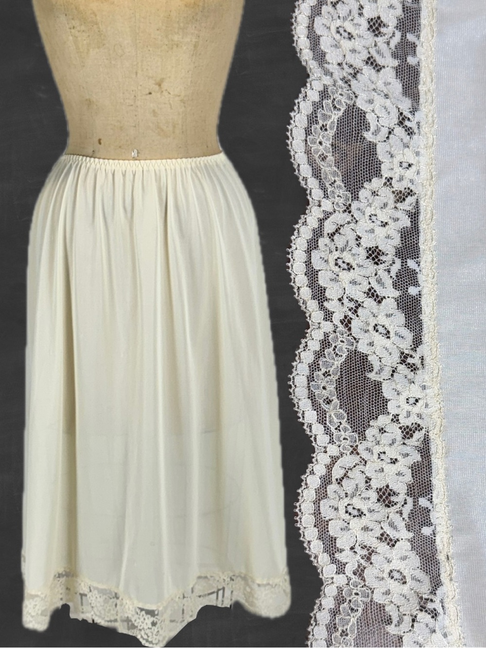 VINTAGE 70s Olga skirt dress slip lingerie nylon silky lace ivory beige 80s